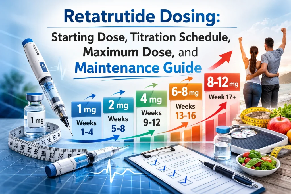 Retatrutide dosing infographic showing starting dose, titration schedule, maximum dose, and maintenance guide with labeled injection vials (1 mg, 4 mg, 8 mg, and 12 mg), syringe, and weekly dosing timeline chart.