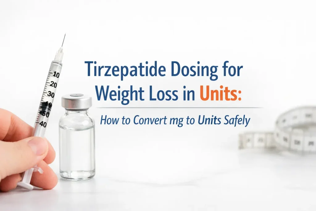 Horizontal banner image showing a close-up of a medical syringe with clear unit markings beside a medication vial on a clean clinical background, with overlaid text reading “Tirzepatide Dosing for Weight Loss in Units: How to Convert mg to Units Safely.”