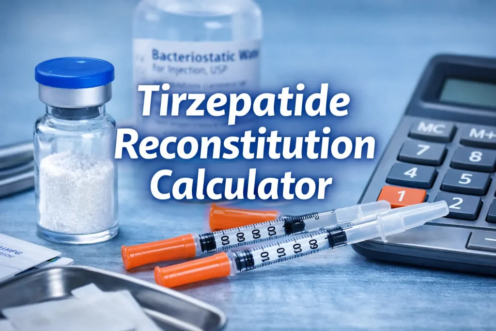 Horizontal banner featuring a medication vial, syringe, and calculator interface on a clean medical background with overlaid text reading “Tirzepatide Reconstitution Calculator.”
