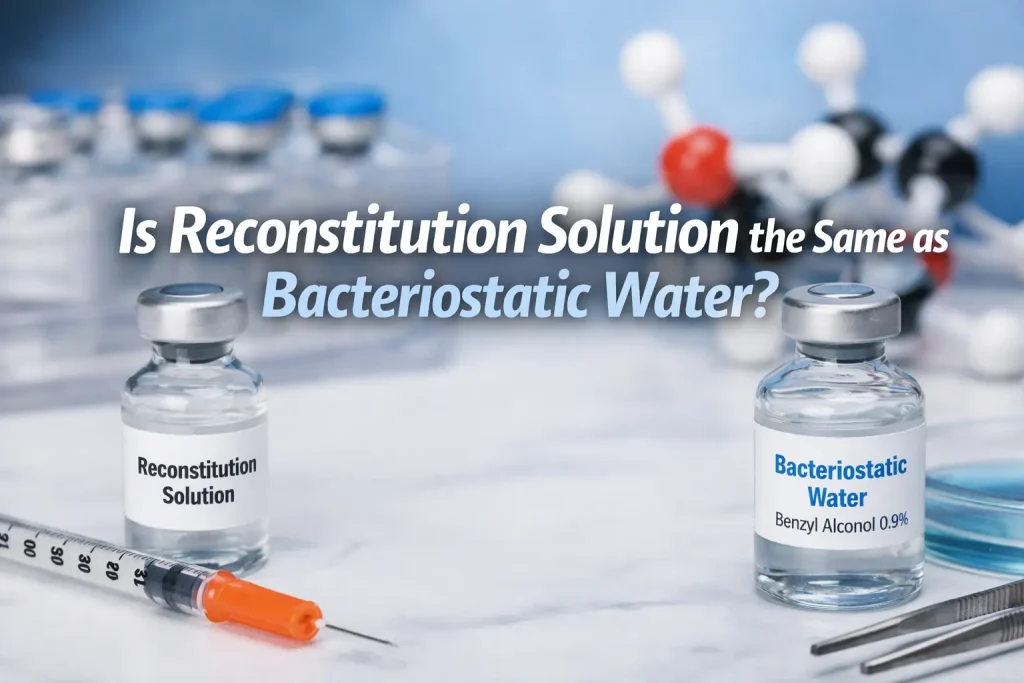Horizontal featured image showing medical vials, syringe, and sterile preparation supplies used for peptide mixing with overlaid text reading “Is Reconstitution Solution the Same as Bacteriostatic Water?”