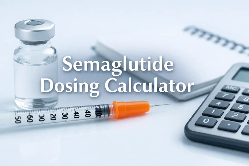 Horizontal banner image with medical syringe and vial on a clean clinical background, featuring overlaid text that reads “Semaglutide Dosing Calculator”.