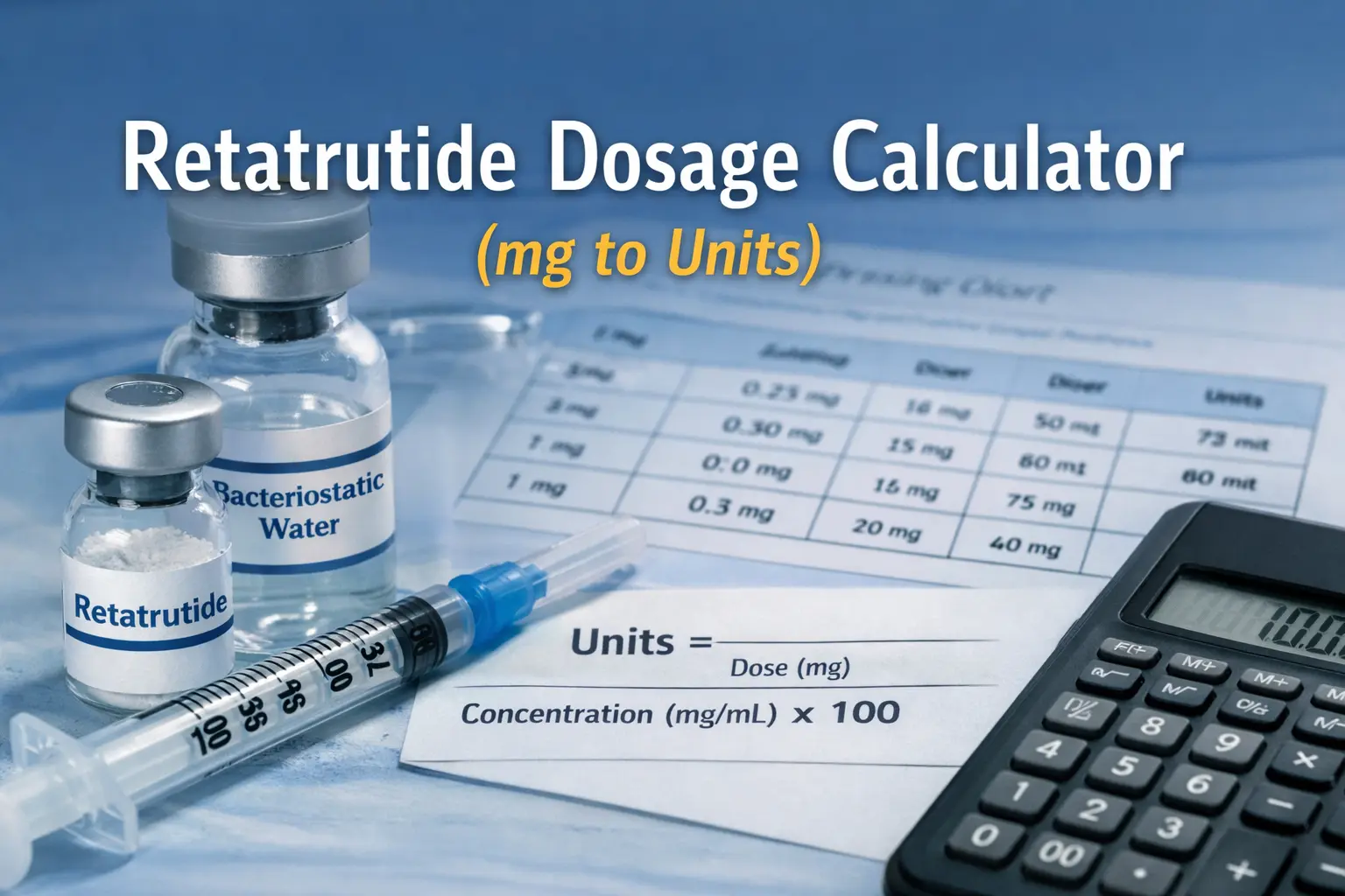 Horizontal banner image featuring a medical syringe, vial, and calculator elements representing dosage calculations, with overlaid text reading “Retatrutide Dosage Calculator (mg to Units)”.