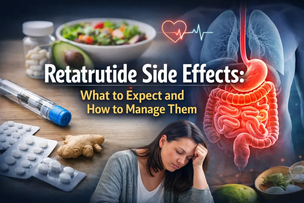 Horizontal featured image showing a person holding their stomach with a subtle medical background, representing retatrutide side effects and symptom management.