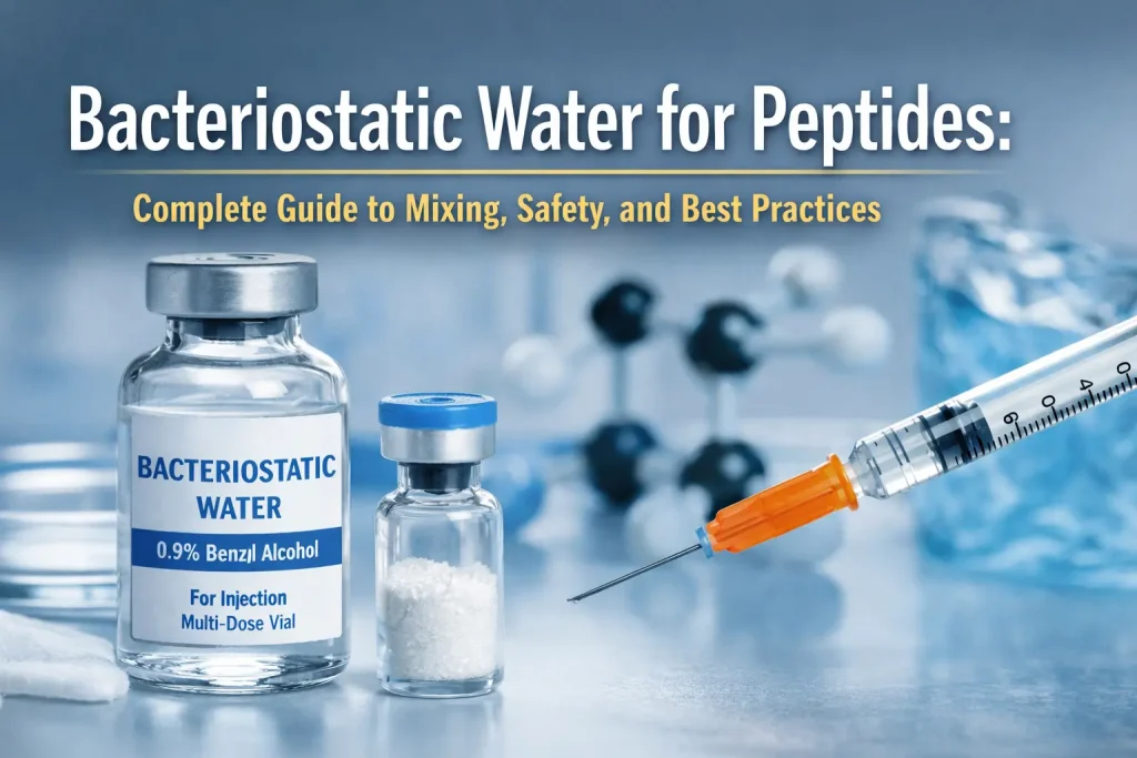 Horizontal banner showing bacteriostatic water and peptide vials with syringe, overlaid text reads “Bacteriostatic Water for Peptides: Complete Guide to Mixing, Safety, and Best Practices.”