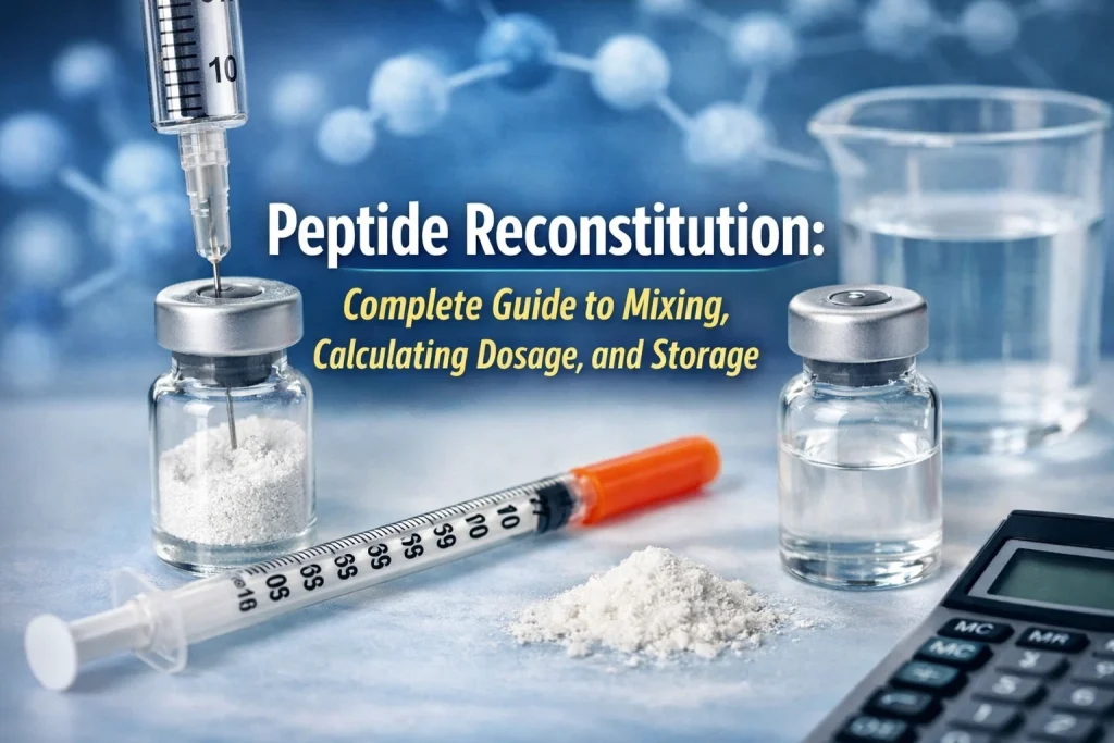Horizontal featured image showing peptide vials, a syringe, and powder on a clean medical surface with overlay text reading “Peptide Reconstitution: Complete Guide to Mixing, Calculating Dosage, and Storage”.