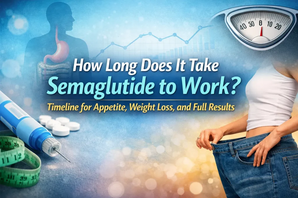 Semaglutide injection pen, measuring tape, scale, and person holding loose-fitting jeans, illustrating timeline for appetite suppression and weight loss results.