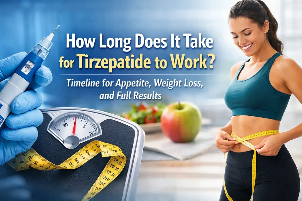 Woman measuring waist next to scale and measuring tape with tirzepatide injection pen, illustrating timeline for appetite suppression, weight loss, and full results.