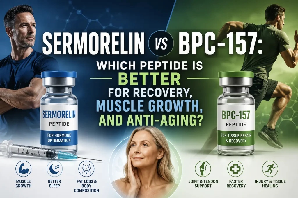 Horizontal featured image showing two peptide therapy concepts side by side, representing Sermorelin and BPC-157. One side highlights muscle growth, recovery, and anti-aging, while the other emphasizes healing and injury recovery. Overlaid text reads: “Sermorelin vs BPC-157: Which Peptide Is Better for Recovery, Muscle Growth, and Anti-Aging?”