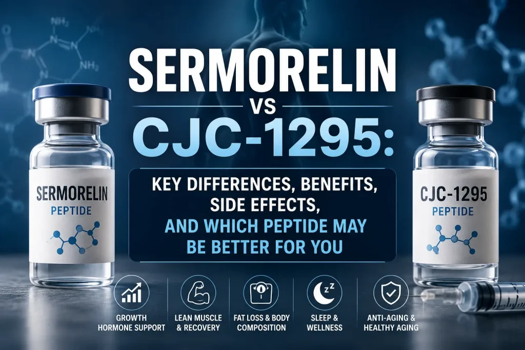 Horizontal featured image comparing Sermorelin and CJC-1295 peptide therapy, featuring medical peptide imagery, molecular graphics, and overlaid text reading “Sermorelin vs CJC-1295: Key Differences, Benefits, Side Effects, and Which Peptide May Be Better for You.”