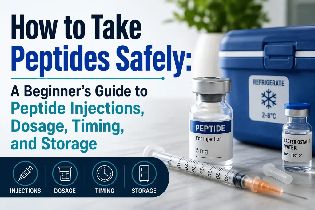 Horizontal featured image showing peptide injection supplies including a syringe, peptide vial, and medical tools on a clean clinical background with overlaid text reading “How to Take Peptides Safely: A Beginner’s Guide to Peptide Injections, Dosage, Timing, and Storage.”