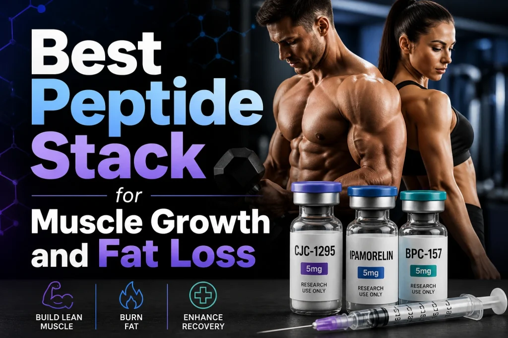 Horizontal fitness-themed banner showing a muscular man and athletic woman in a gym with peptide vials and syringe, overlaid text reads “Best Peptide Stack for Muscle Growth and Fat Loss.”
