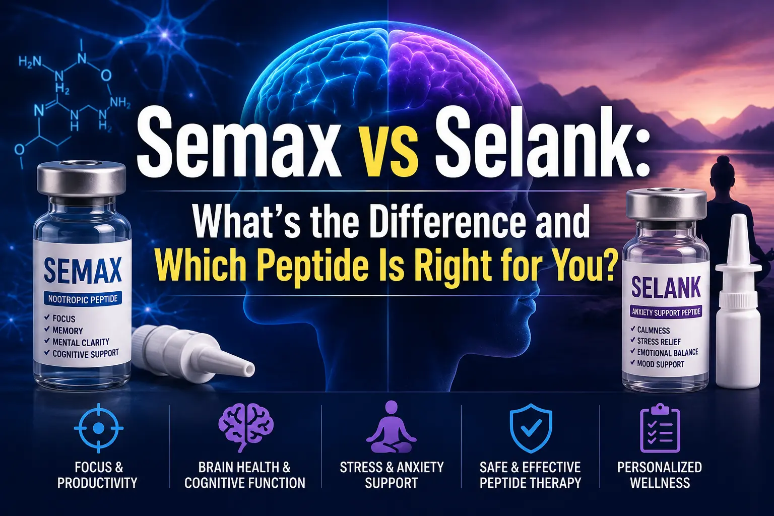 Horizontal featured image titled "Semax vs Selank: What's the Difference and Which Peptide Is Right for You?" featuring a side-by-side comparison of Semax and Selank peptides with brain health imagery, neural network graphics, and medical wellness elements representing focus, cognitive performance, stress management, and mood support.