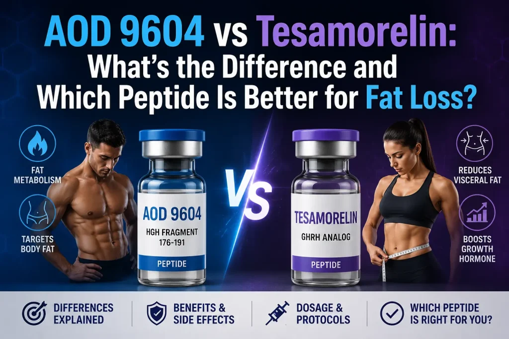 Featured image comparing AOD 9604 and Tesamorelin peptides for fat loss. The image features peptide vials labeled AOD 9604 and Tesamorelin side by side with fit male and female models, highlighting fat metabolism, visceral fat reduction, growth hormone support, dosage considerations, benefits, side effects, and key differences between the two peptides. Overlay text reads: "AOD 9604 vs Tesamorelin: What's the Difference and Which Peptide Is Better for Fat Loss?"