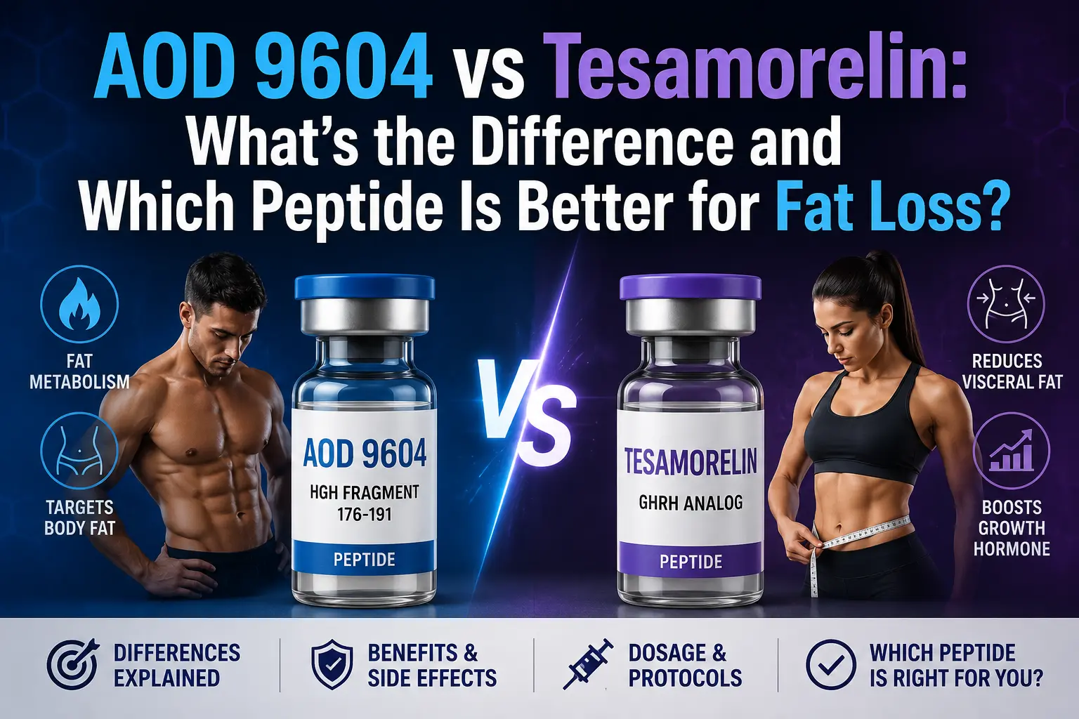 Featured image comparing AOD 9604 and Tesamorelin peptides for fat loss. The image features peptide vials labeled AOD 9604 and Tesamorelin side by side with fit male and female models, highlighting fat metabolism, visceral fat reduction, growth hormone support, dosage considerations, benefits, side effects, and key differences between the two peptides. Overlay text reads: "AOD 9604 vs Tesamorelin: What's the Difference and Which Peptide Is Better for Fat Loss?"