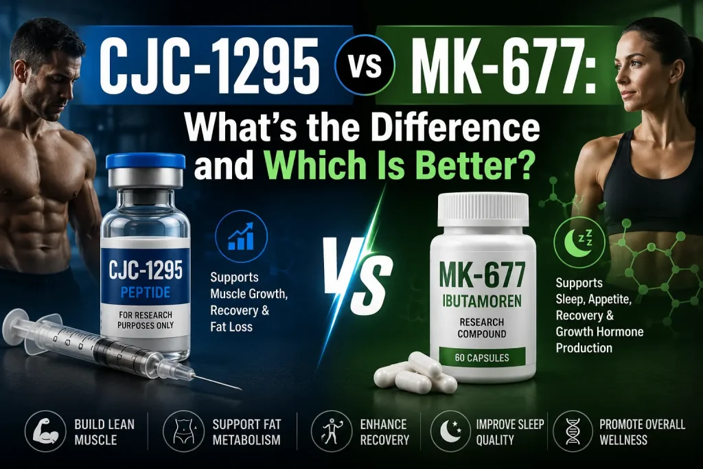 Featured image for an article titled “CJC-1295 vs MK-677: What's the Difference and Which Is Better?” showing a professional medical comparison between injectable peptide therapy and oral growth hormone support. The image features peptide-related imagery, molecular graphics, and a healthcare-focused design with the article title prominently displayed across a horizontal banner.