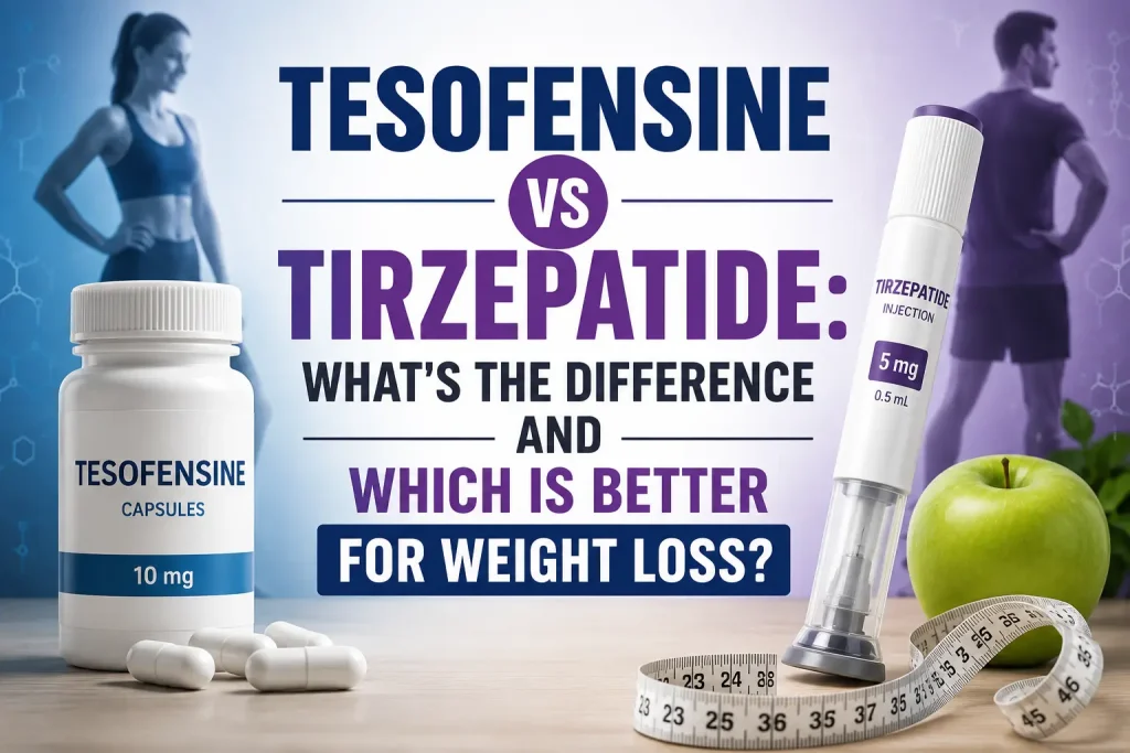 Comparison graphic featuring a bottle labeled "Tesofensine Capsules" on the left and a tirzepatide injection pen on the right, with a measuring tape and green apple symbolizing weight loss. Fitness-focused male and female figures appear in the background. Large text reads: "Tesofensine vs Tirzepatide: What's the Difference and Which Is Better for Weight Loss?"
