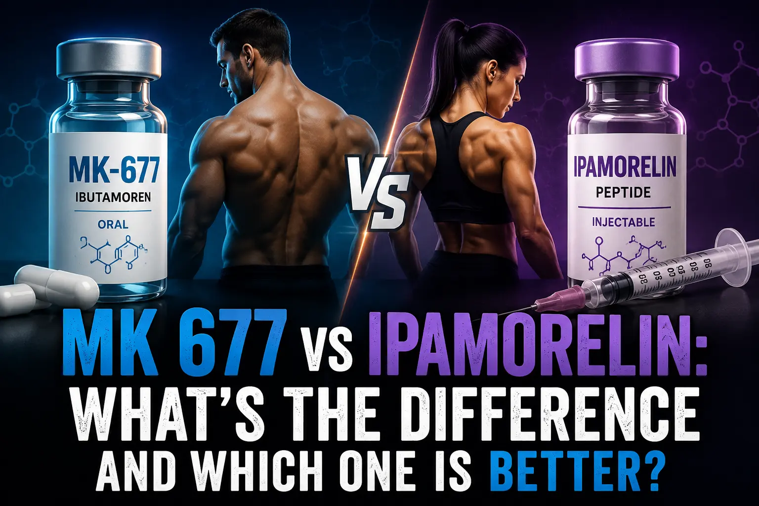 Split-screen comparison graphic showing MK-677 (Ibutamoren) and Ipamorelin peptide with muscular male and female athletes, capsules, injection syringe, and the headline "MK 677 vs Ipamorelin: What's the Difference and Which One Is Better?" highlighting differences in growth hormone support, muscle growth, recovery, and performance.
