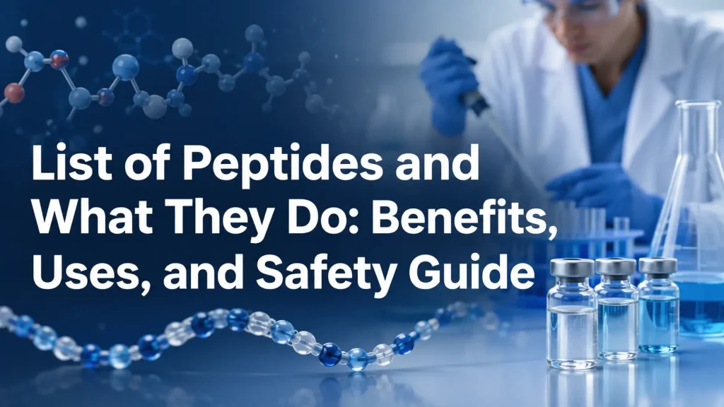 Medical-themed banner with peptide molecule graphics, lab vials, glassware, and a researcher, featuring the text “List of Peptides and What They Do: Benefits, Uses, and Safety Guide.”