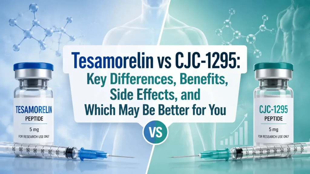 Medical comparison graphic showing tesamorelin and CJC-1295 peptide vials with syringes, molecular imagery, and the article title overlaid.