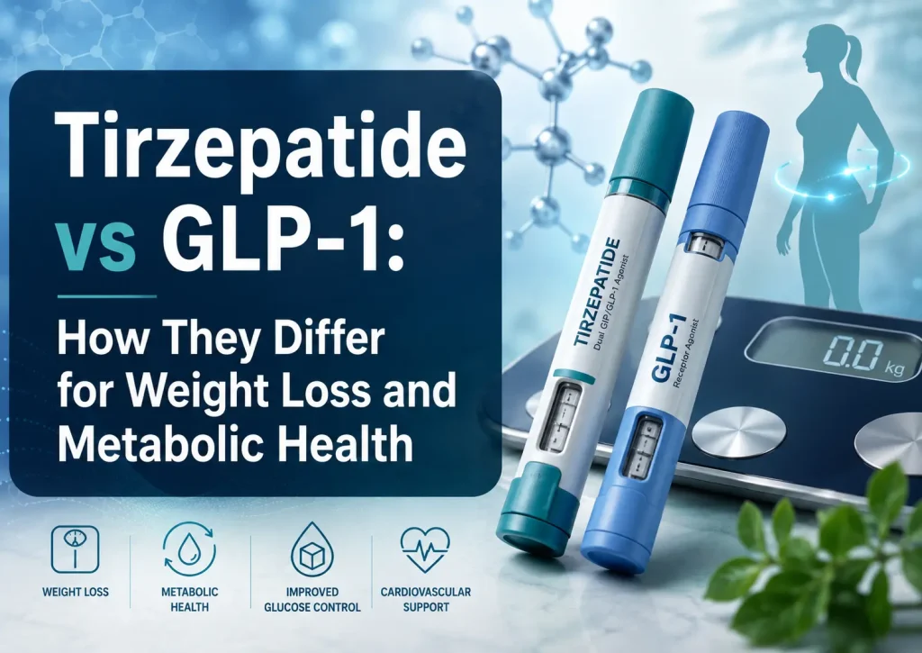 Featured image comparing tirzepatide and GLP-1 medications with two labeled injection pens, a digital scale, molecular graphics, a woman’s silhouette, and overlaid article title text.