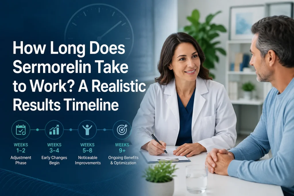 Female healthcare provider consults with a male patient beside a blue week-by-week sermorelin timeline and a large clock graphic.