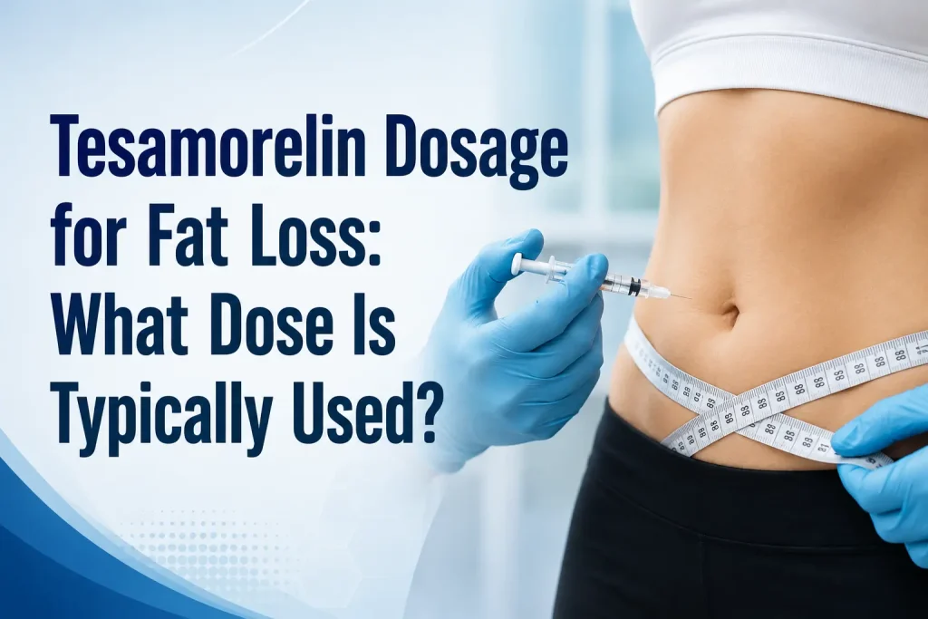 Clinician holding a syringe near a woman’s abdomen as a measuring tape wraps around her waist, with text about tesamorelin dosage for fat loss.