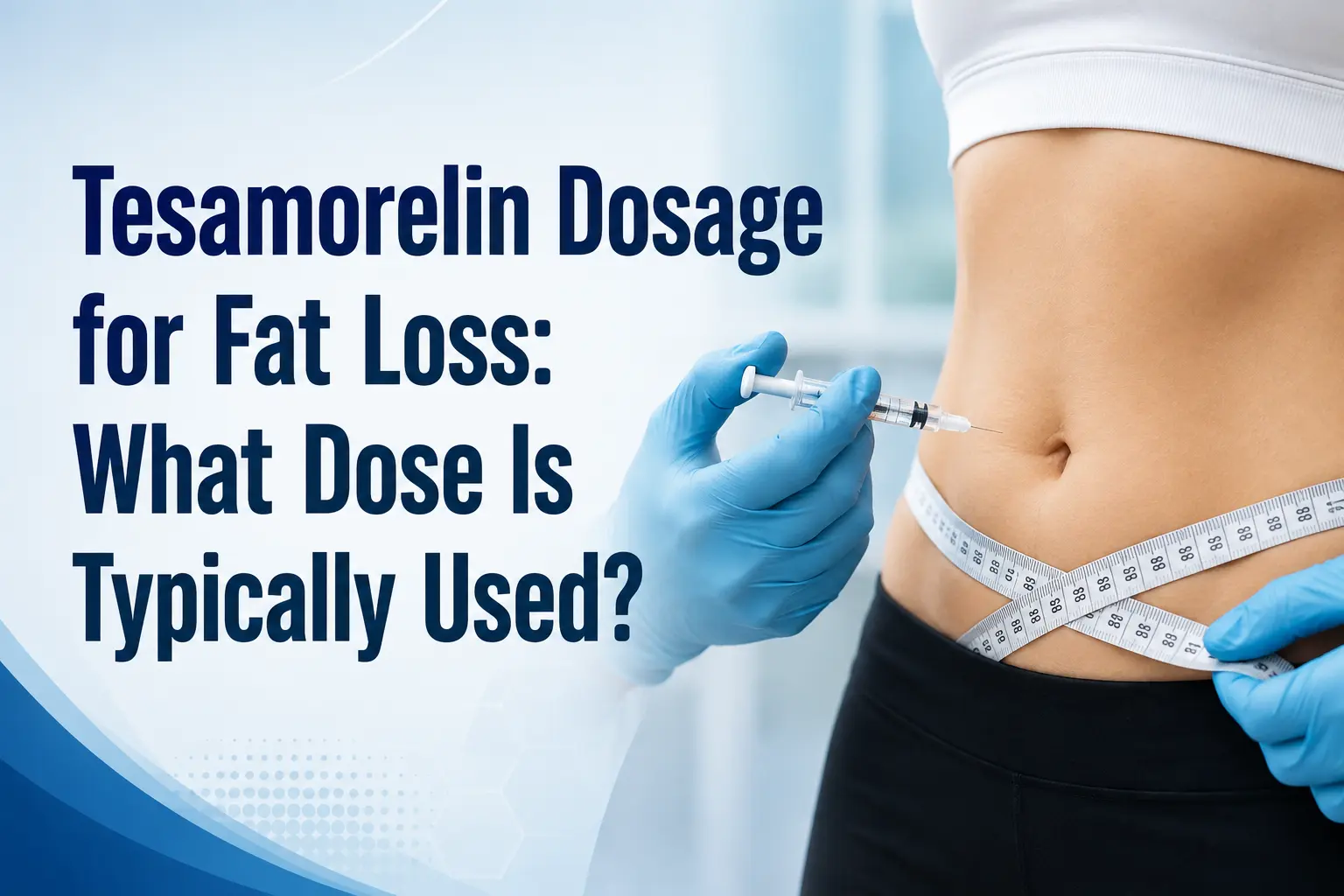 Clinician holding a syringe near a woman’s abdomen as a measuring tape wraps around her waist, with text about tesamorelin dosage for fat loss.