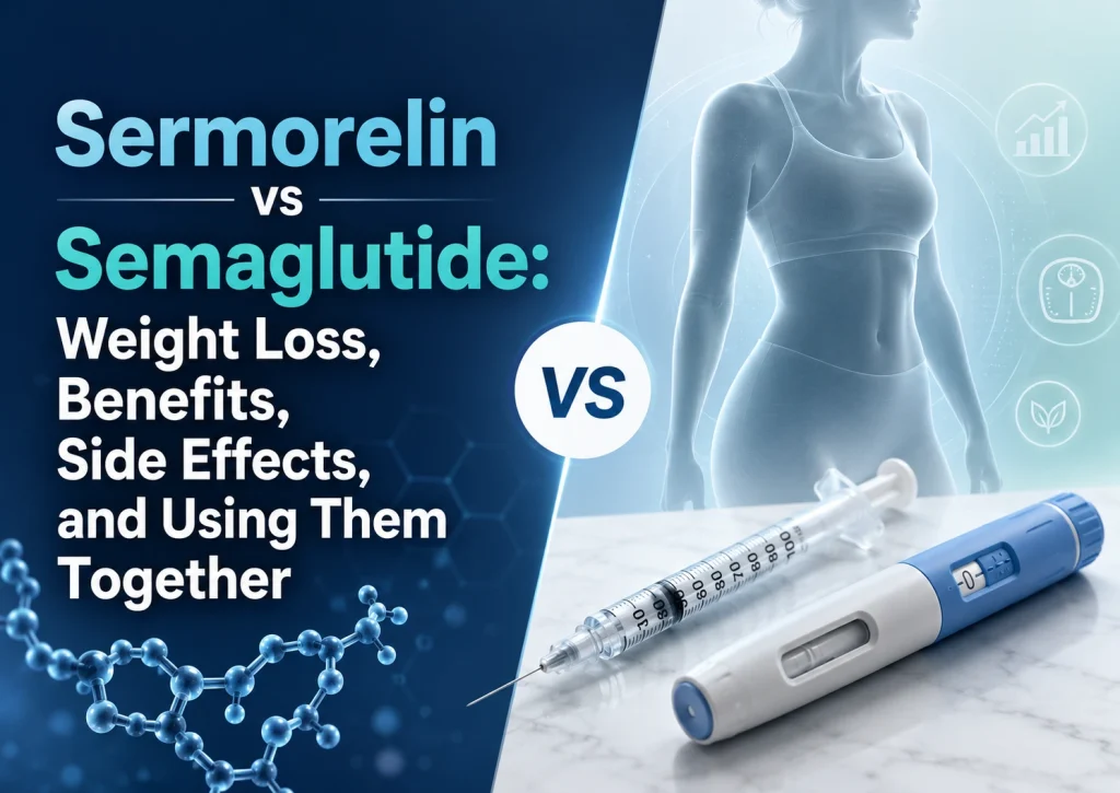 Medical comparison graphic with the text “Sermorelin vs Semaglutide,” featuring a syringe, injection pen, molecular imagery, and a body silhouette.