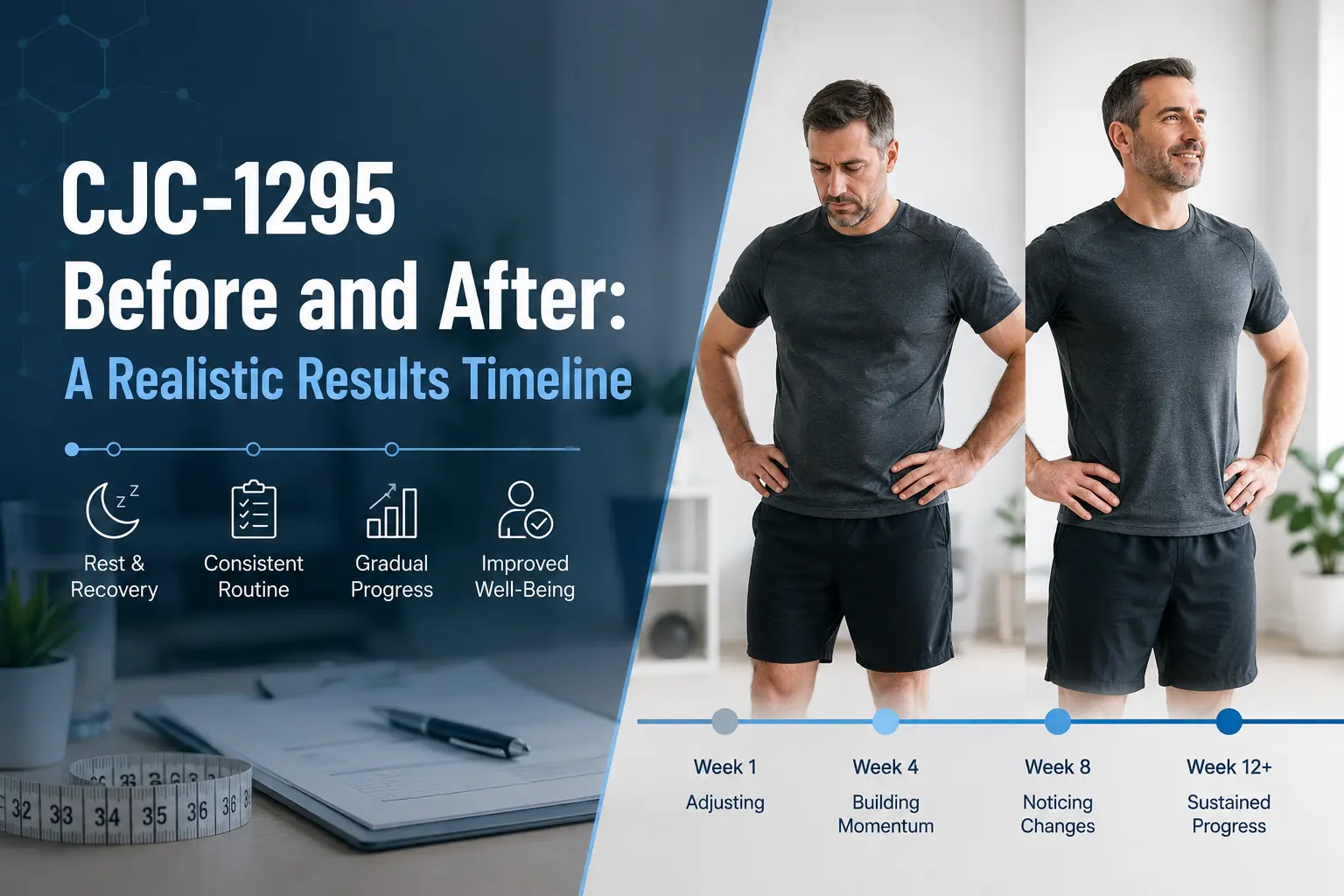 CJC-1295 results timeline graphic showing the same man looking tired and then energized, with progress markers from week 1 through week 12 and beyond.