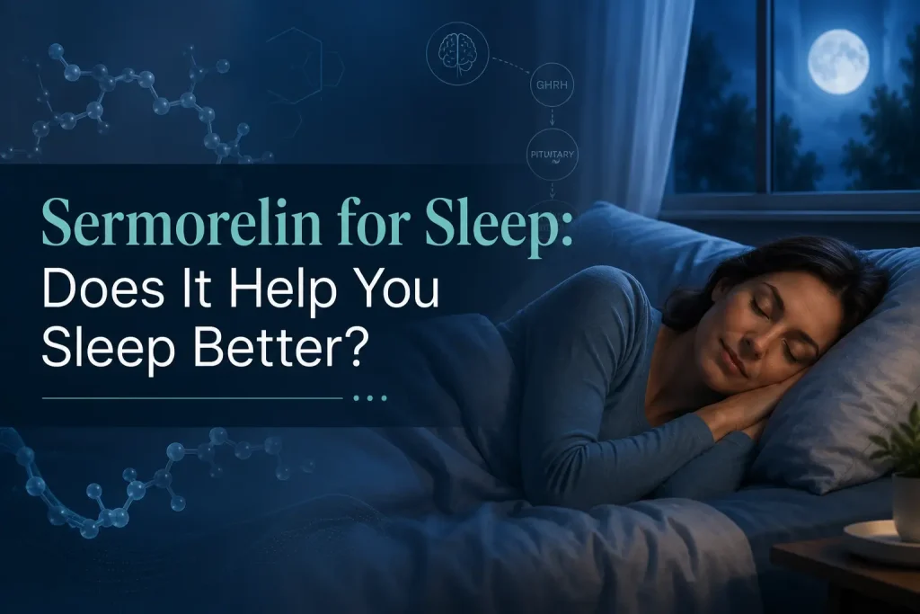 Woman sleeping peacefully in a blue, moonlit bedroom beside molecular and hormone pathway graphics, with the article title displayed on the left.