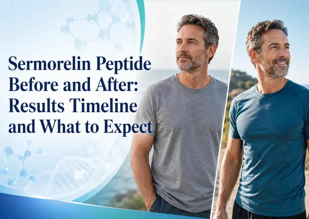 Featured image showing a middle-aged man in side-by-side casual and athletic portraits with molecular graphics and the title “Sermorelin Peptide Before and After: Results Timeline and What to Expect.”