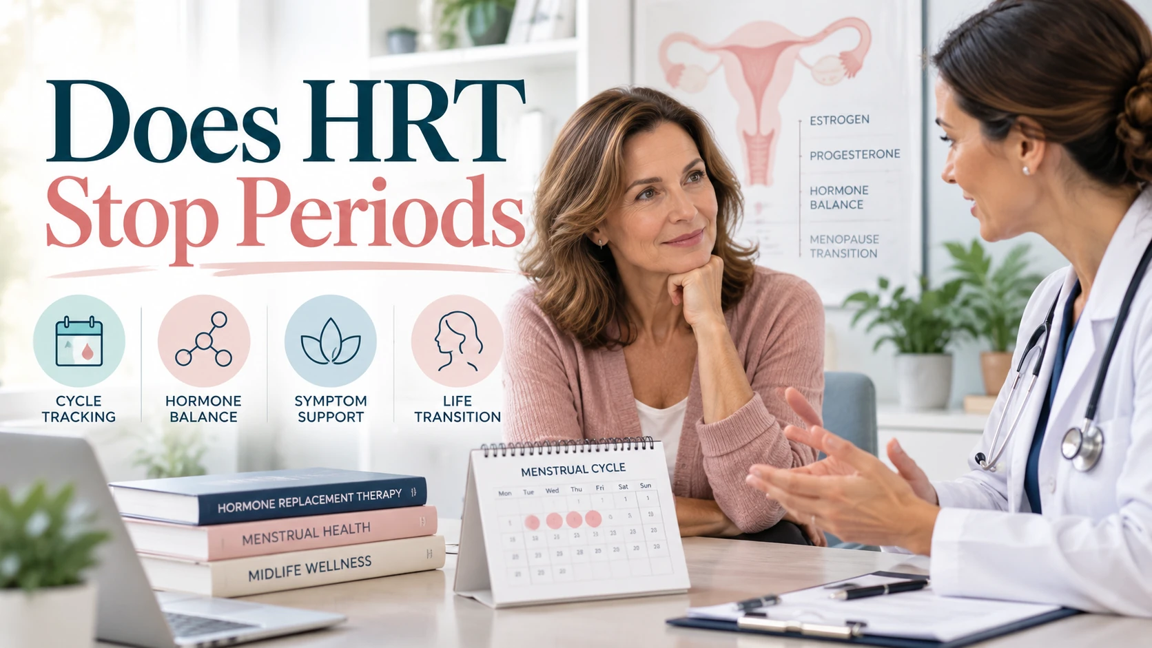 Middle-aged woman discussing menstrual changes and hormone therapy with a doctor, alongside cycle tracking, hormone balance, and menopause transition graphics, with text reading “Does HRT Stop Periods?”