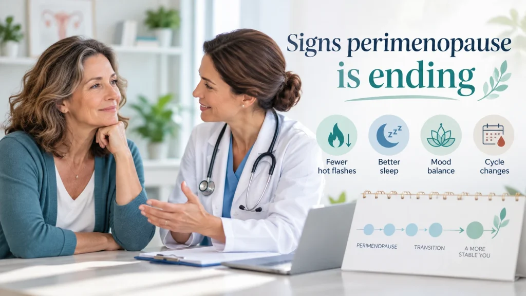 Middle-aged woman discussing the end of perimenopause with a doctor, alongside icons for fewer hot flashes, better sleep, mood balance, and cycle changes, with text reading “Signs Perimenopause Is Ending.”