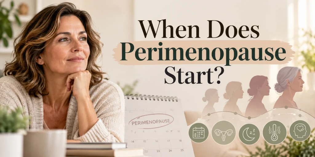 Middle-aged woman beside a perimenopause calendar, age progression timeline, and icons for cycle changes, sleep, hot flashes, and mood, with text reading “When Does Perimenopause Start?”
